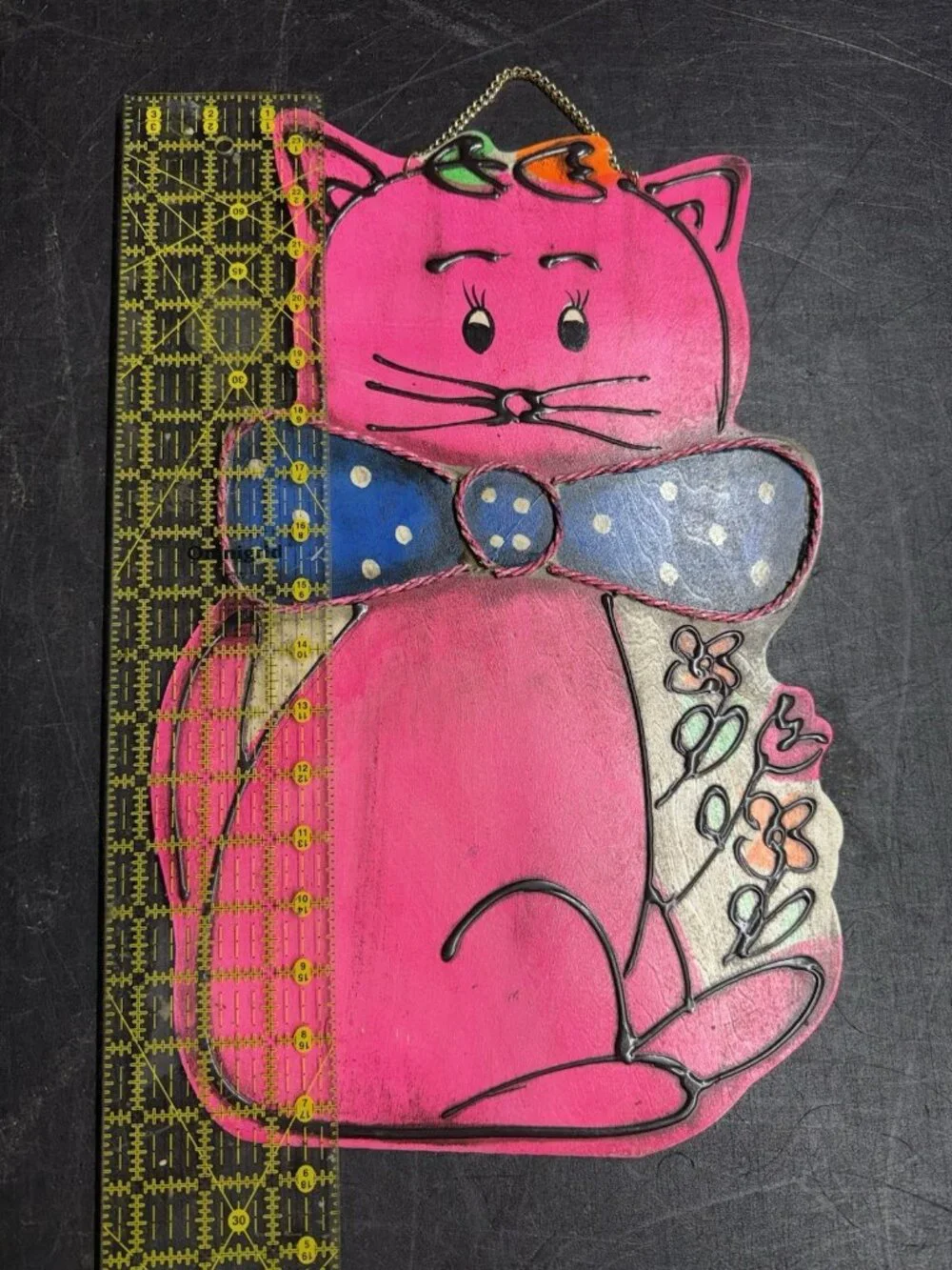 Hand Painted 70s Retro Wooden Wall Pink Cat Kitten Plaque Hanging Kitsch Japan